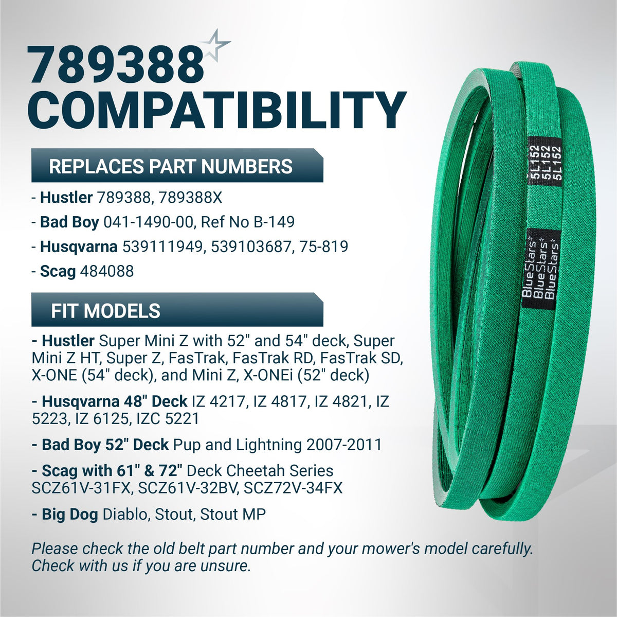 Green replacement mower deck belt 789388 for Hustler, Bad Boy, Husqvarna, and Scag mowers.