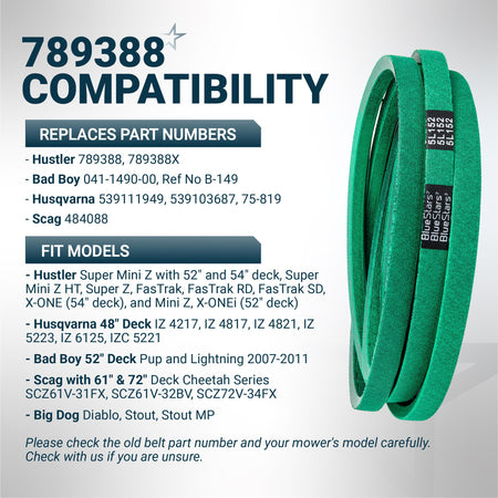 Green replacement mower deck belt 789388 for Hustler, Bad Boy, Husqvarna, and Scag mowers.