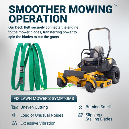 Green lawn mower deck belt shown with a zero-turn mower to illustrate power transfer and common mowing issues.