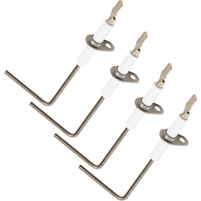 Set of four 62-23543-01 furnace flame sensors with L-shaped metal rods and white ceramic insulators.