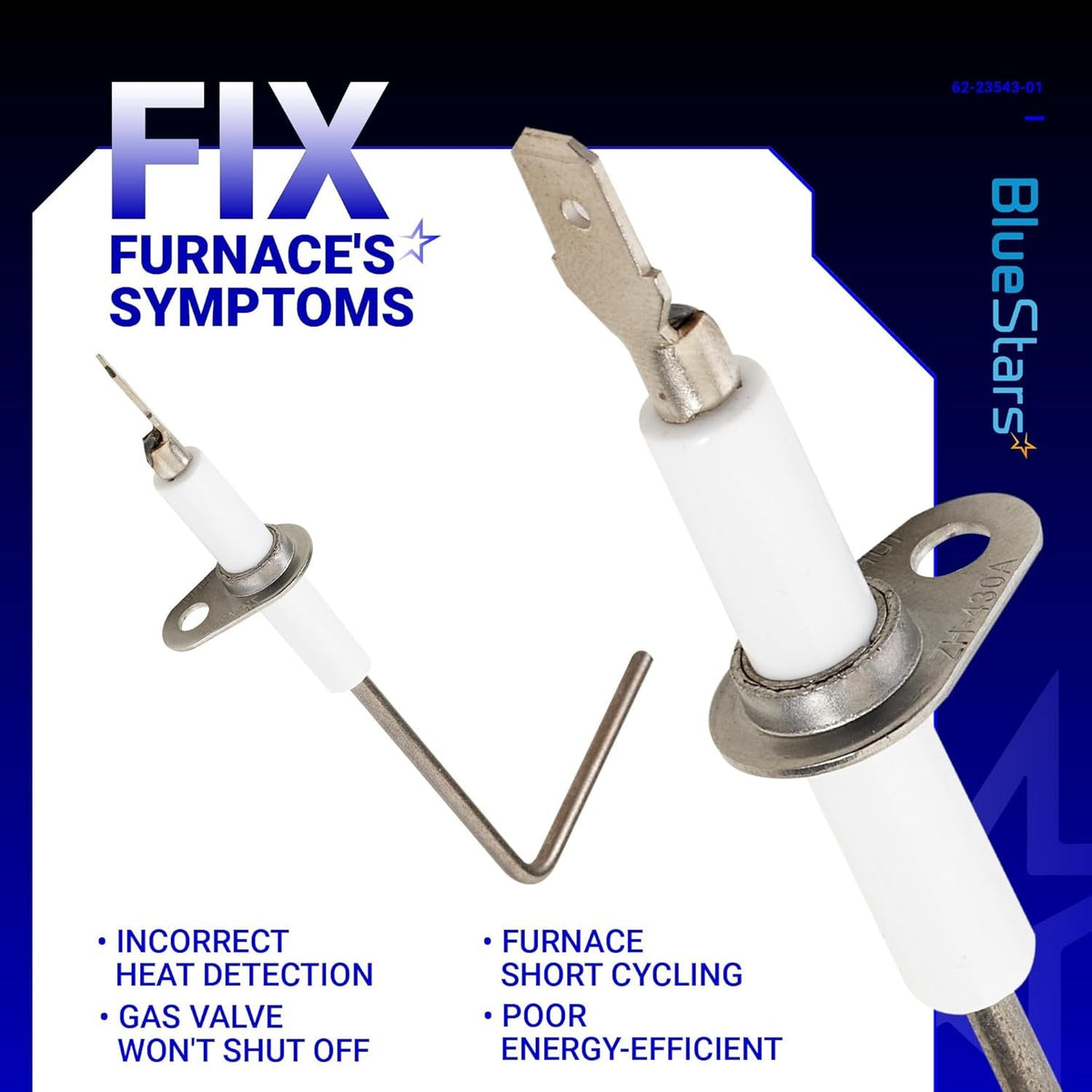 62-23543-01 furnace flame sensor showing two units with white ceramic insulation and metal mounting brackets.
