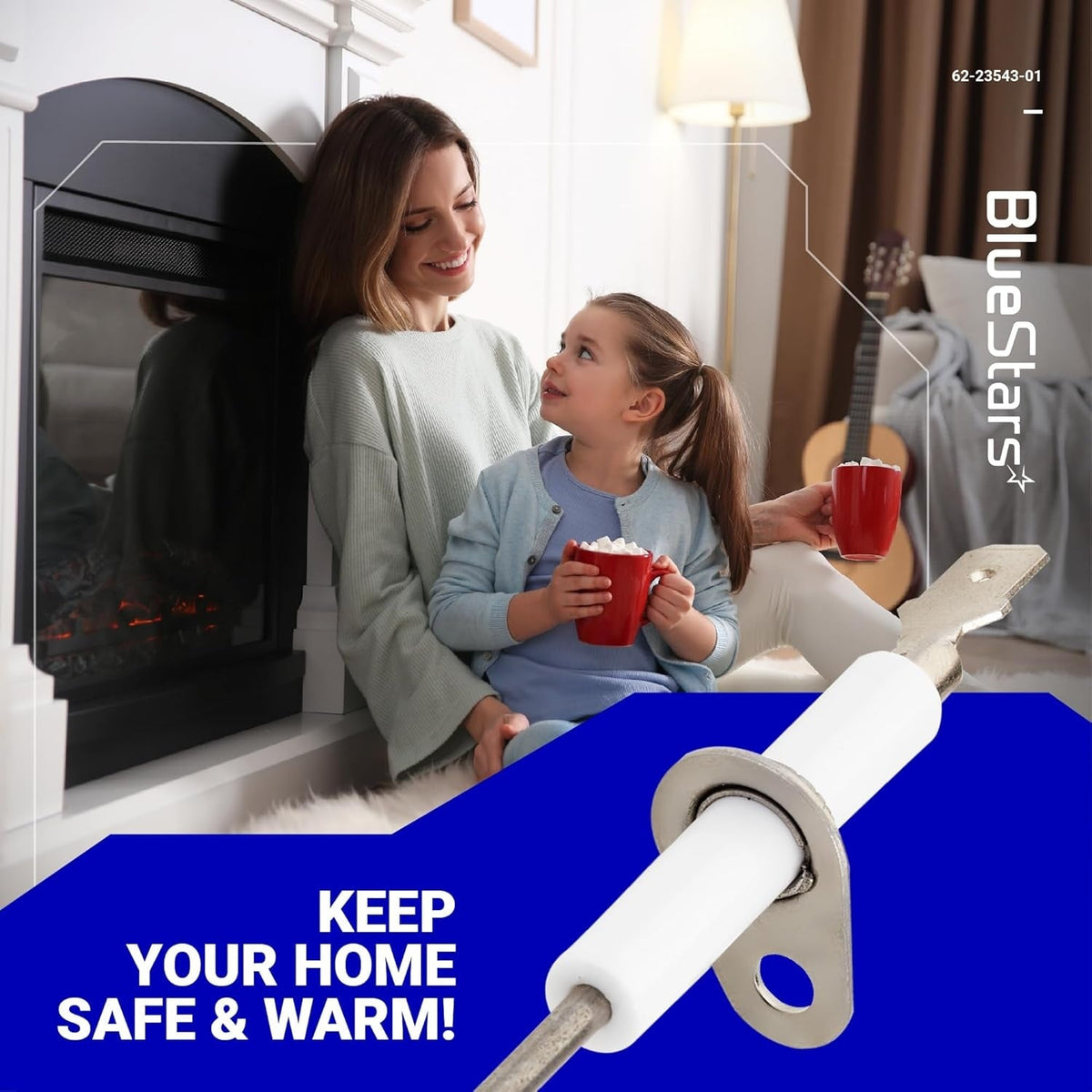 62-23543-01 furnace flame sensor replacement part shown against a blue background with a family fireplace scene.
