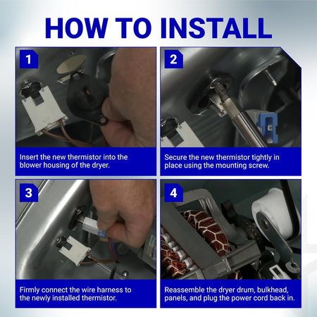 DC32-00007A Dryer Thermistor installation guide showing insertion, securing, wiring, and dryer reassembly steps