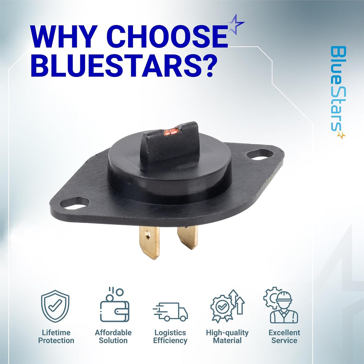 DC32-00007A Dryer Thermistor, product view with two terminals and BlueStars benefits graphics