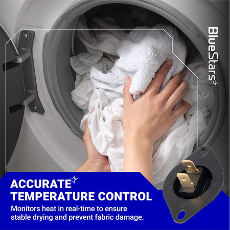 DC32-00007A Dryer Thermistor promotional graphic showing laundry in a dryer and a close-up of the electrical connector