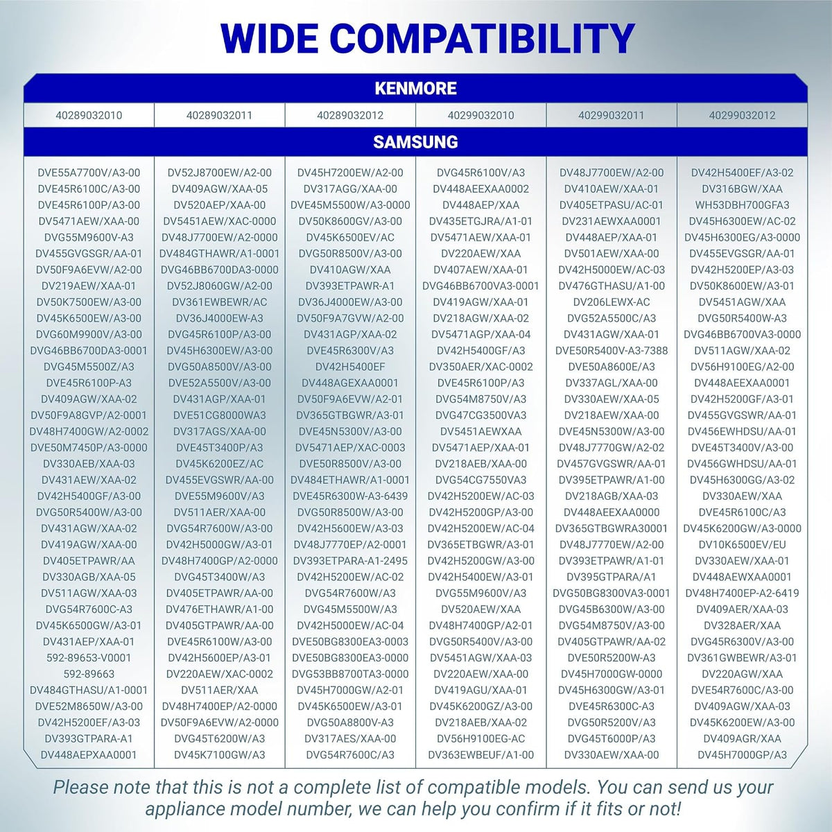 DC32-00007A Dryer Thermistor compatibility chart listing Kenmore and Samsung model numbers