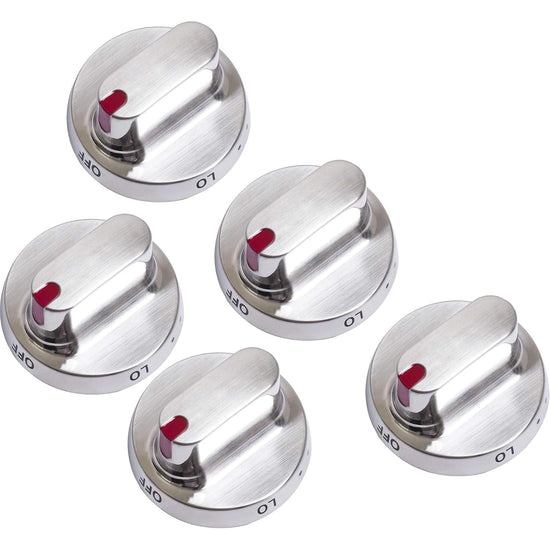 Set of five stainless steel Samsung stove replacement knobs with red indicator markers.