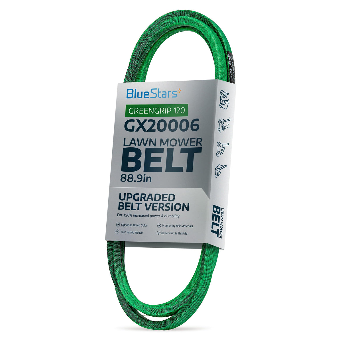 BlueStars GX20006 88.9-inch green replacement drive belt for John Deere lawn mowers in branded packaging.