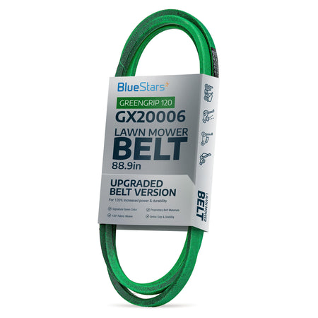 BlueStars GX20006 88.9-inch green replacement drive belt for John Deere lawn mowers in branded packaging.