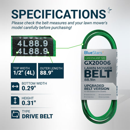 Specification chart for GX20006 lawn mower drive belt showing dimensions, 88.9-inch length, and 1/2-inch width.