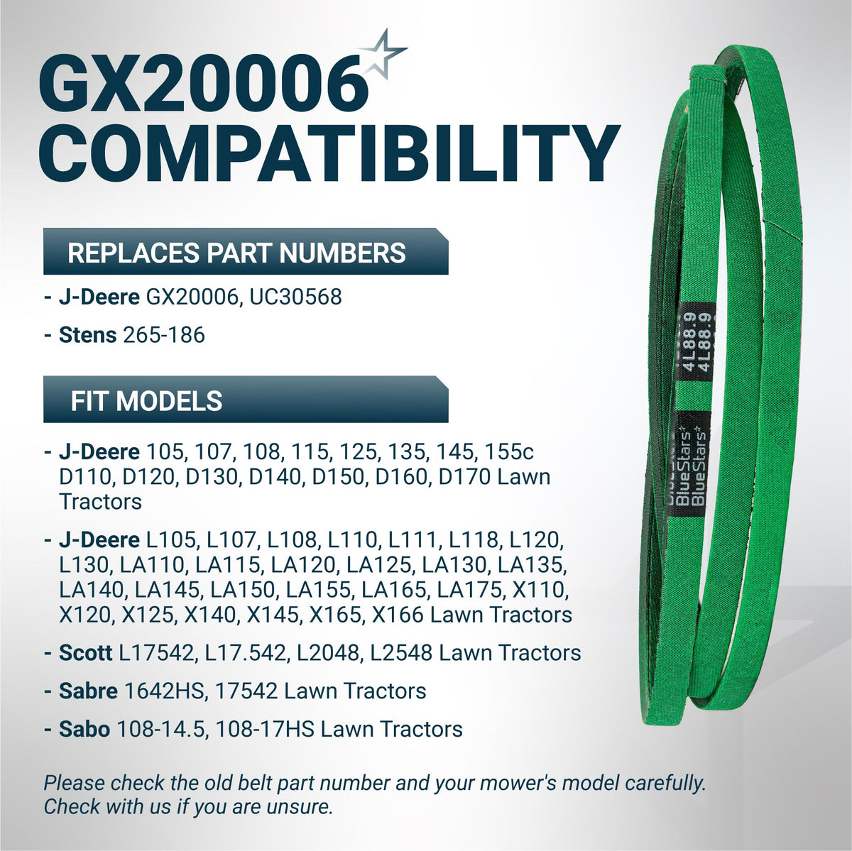 Green GX20006 UC30568 replacement drive belt for John Deere lawn mowers with compatibility chart.