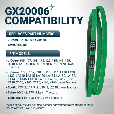 Green GX20006 UC30568 replacement drive belt for John Deere lawn mowers with compatibility chart.