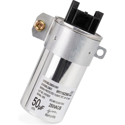 W11395618 Washing Machine Run Capacitor, angled product view showing metal canister, terminals, mounting bracket, and label
