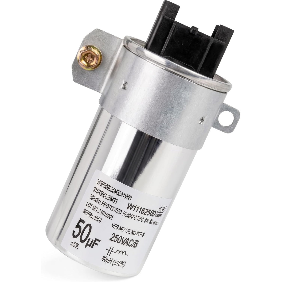 W11395618 Washing Machine Run Capacitor, angled product view showing metal canister, terminals, mounting bracket, and label