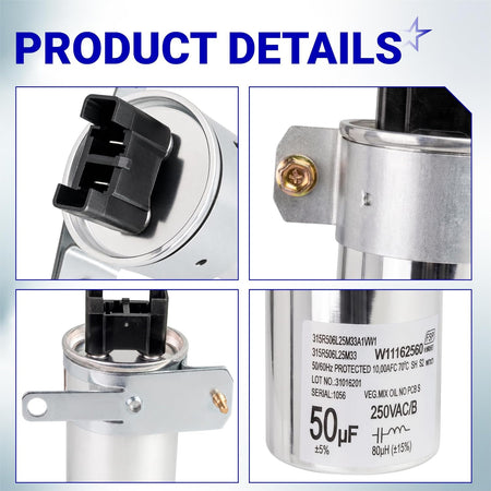 W11395618 Washing Machine Run Capacitor product details showing connector, mounting bracket, and 50µF 250VAC label