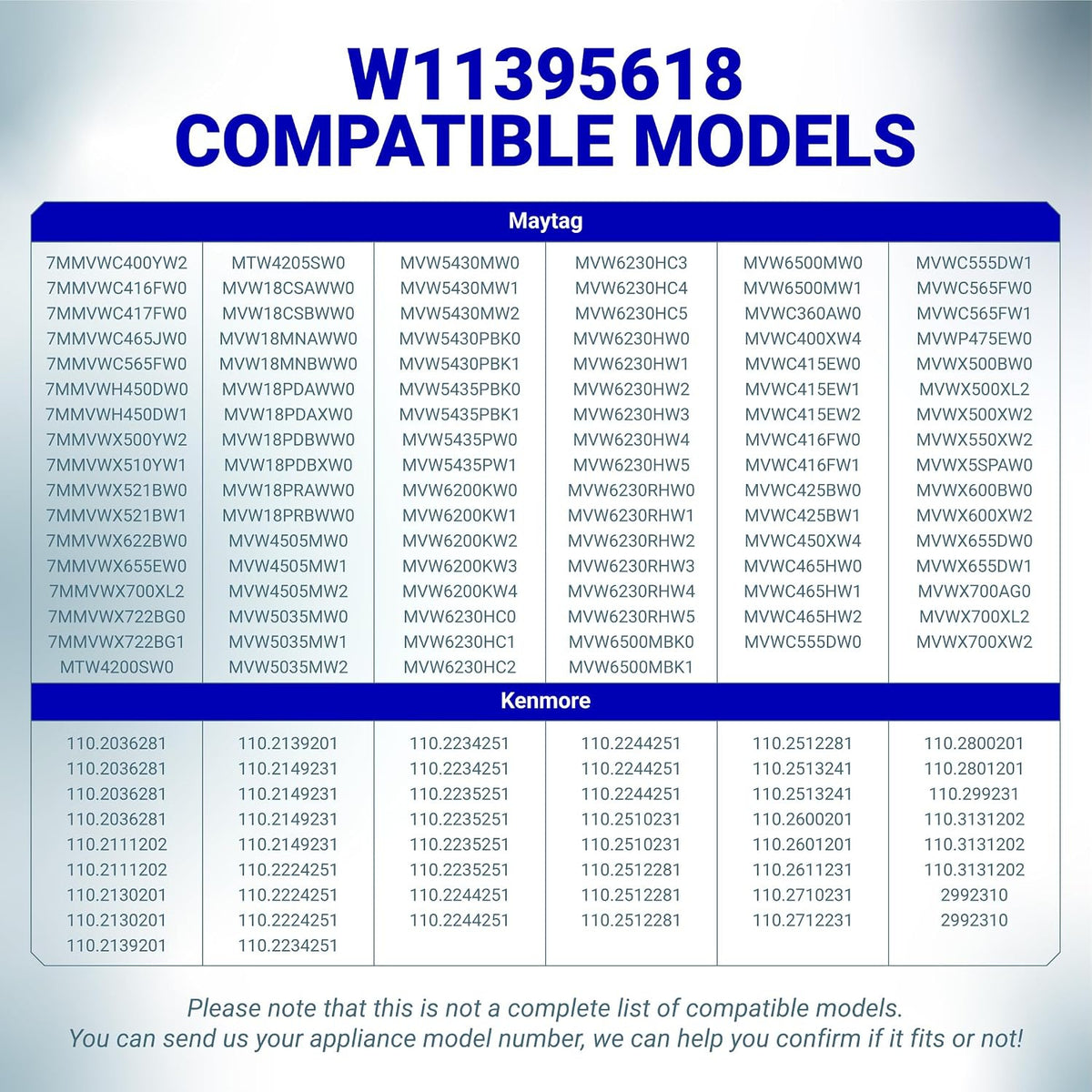 W11395618 Washing Machine Run Capacitor compatibility chart listing Maytag and Kenmore models