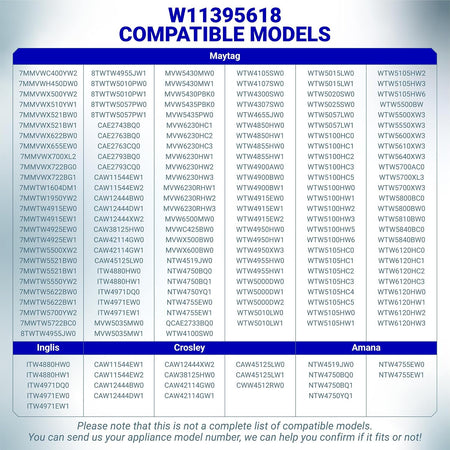 W11395618 Washing Machine Run Capacitor compatibility chart for Maytag, Inglis, Crosley, and Amana models