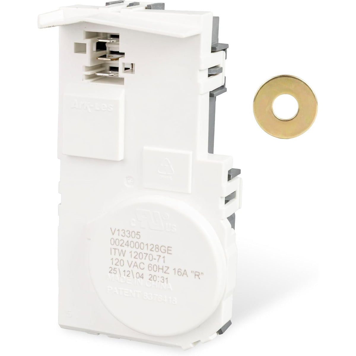 WH01X29528 GE washer door lock switch, front view with included round metal washer