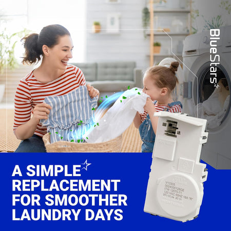 WH01X29528 GE Washer Door Lock Switch promotional graphic with part beside an open washer and mother-daughter laundry scene