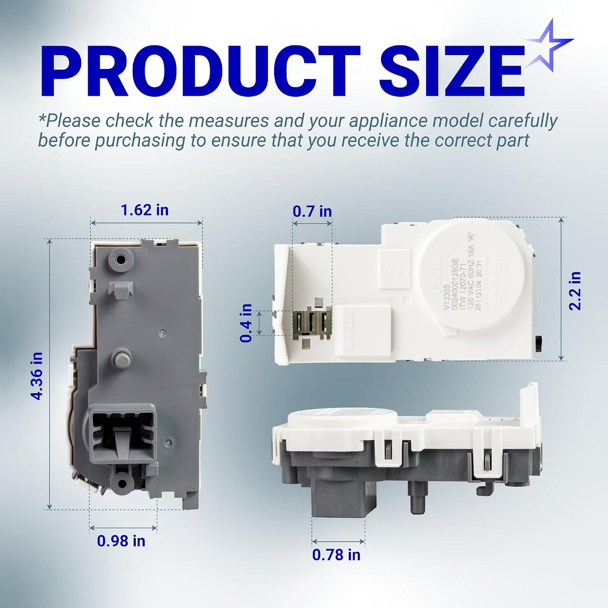 WH01X29528 GE washer door lock switch product size diagram with dimensions and multiple views
