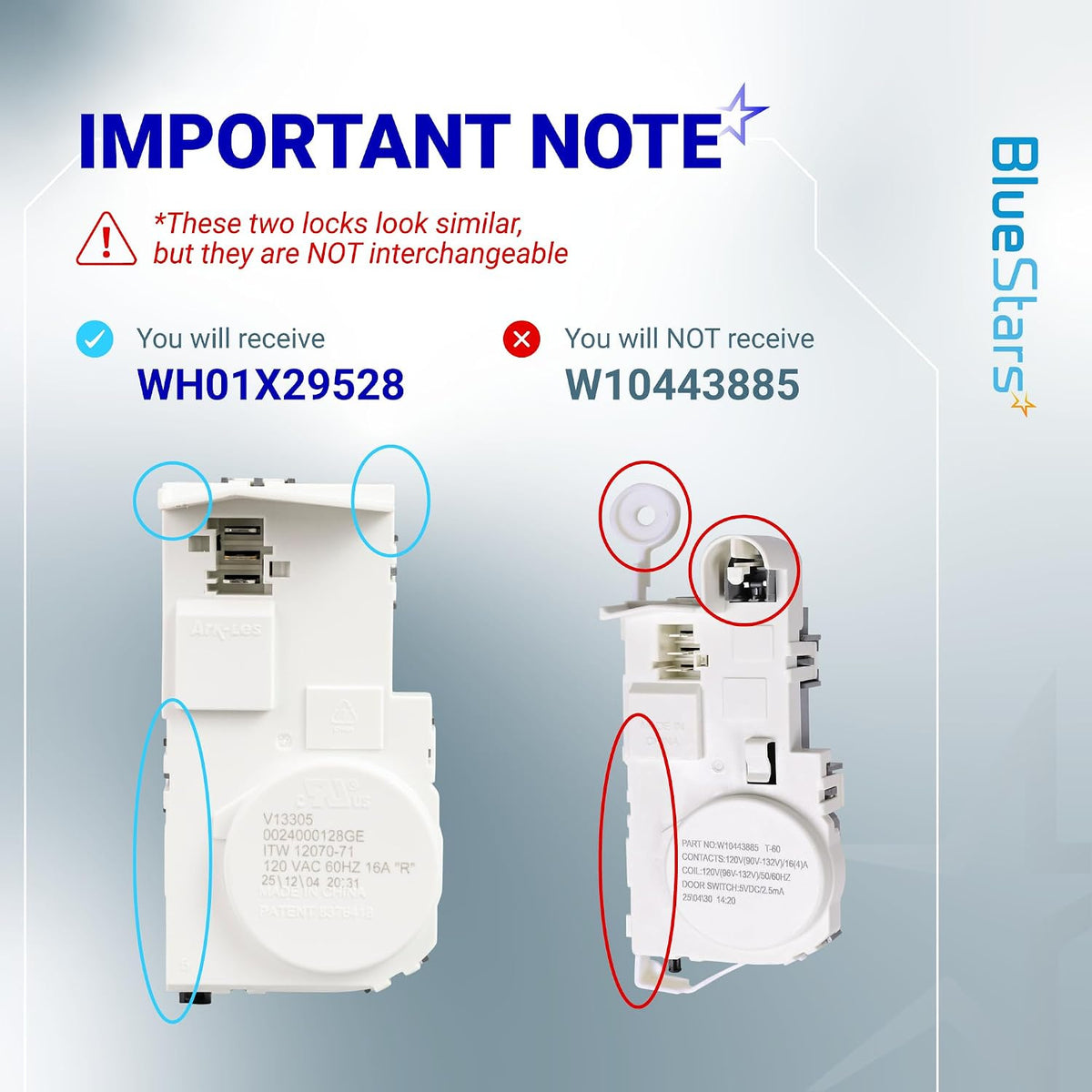 WH01X29528 GE washer door lock switch comparison graphic showing included part beside non-interchangeable W10443885