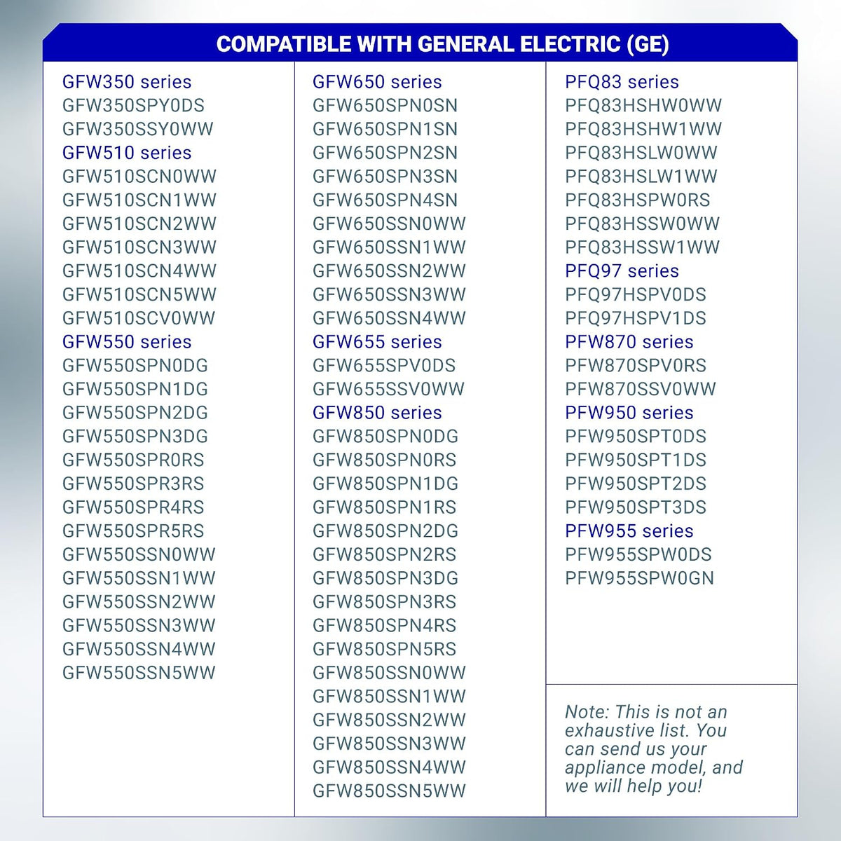 WH01X29528 Door Lock Switch compatibility chart listing GE front-load washer models