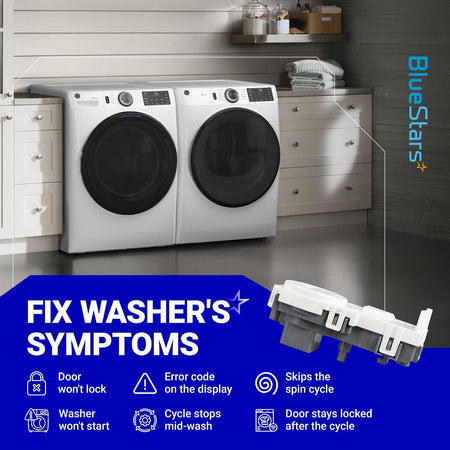 WH01X29528 GE Washer Door Lock Switch shown with washer symptom icons and front-load washers