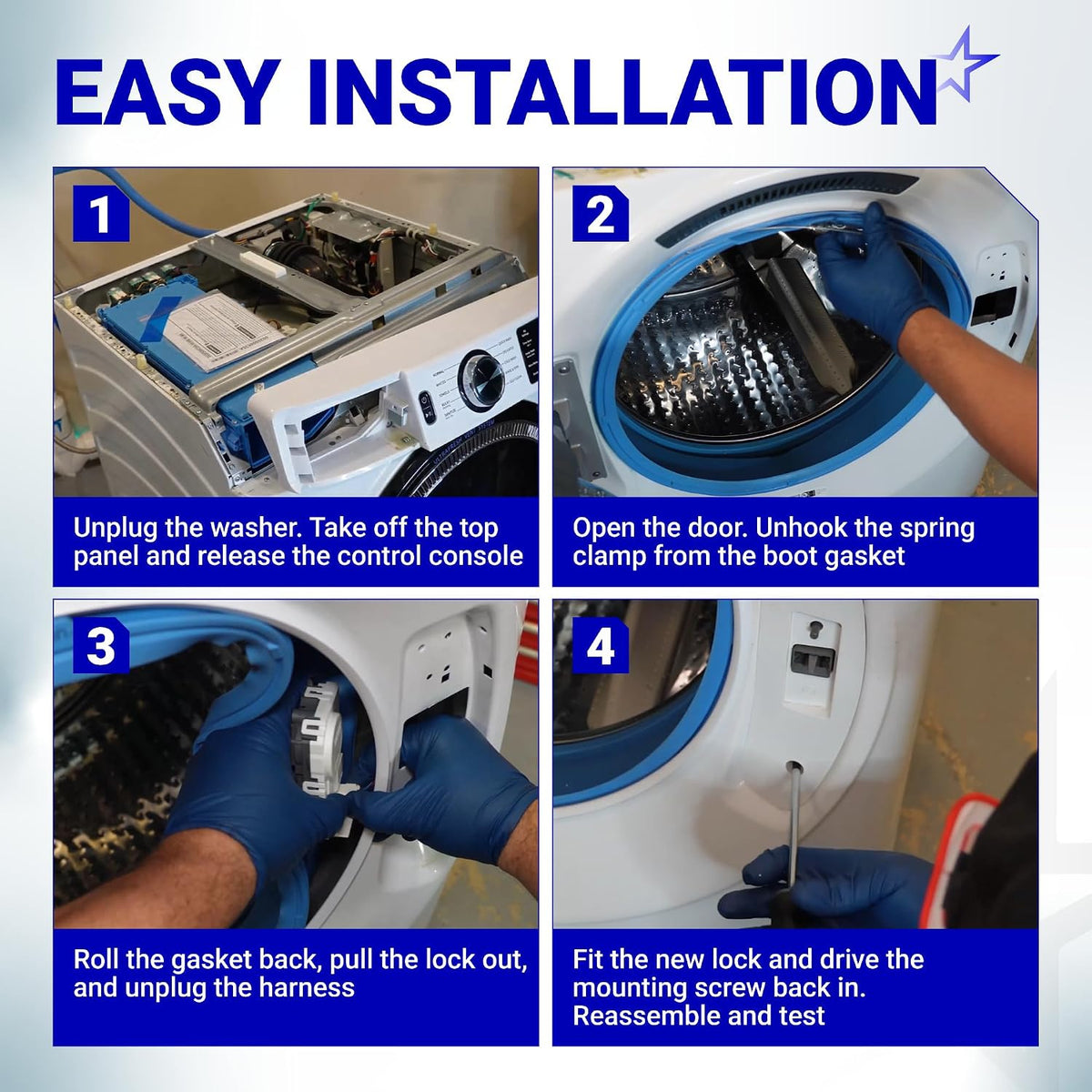 WH01X29528 Door Lock Switch installation guide showing four GE front-load washer repair steps