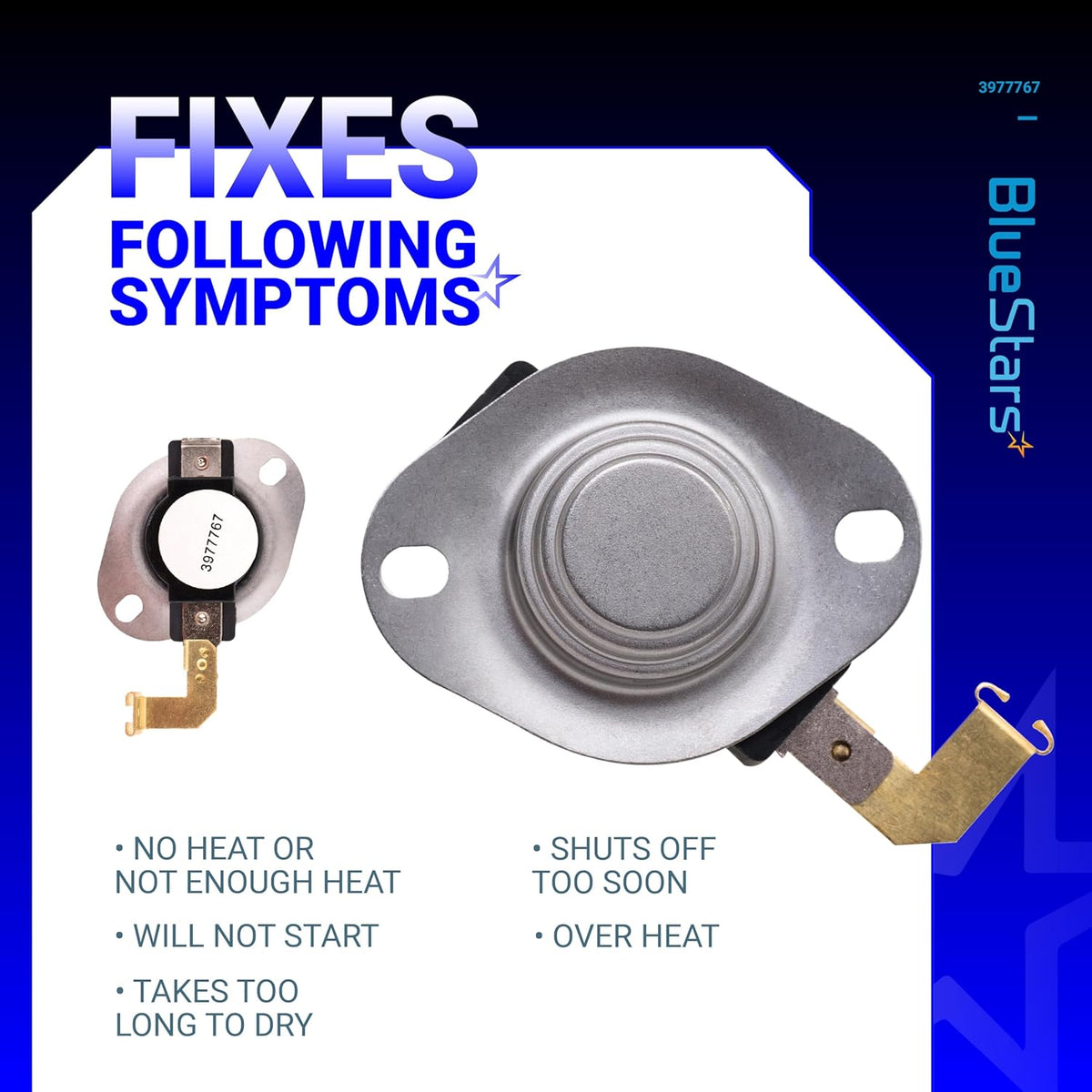3977767 dryer thermostat replacement showing common heating symptoms and compatibility for Whirlpool and Kenmore dryers.