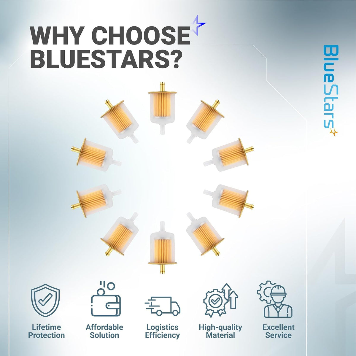 3/8 Universal Inline Fuel Filter (10-Pack) BlueStars graphic showing 10 filters and five product benefits