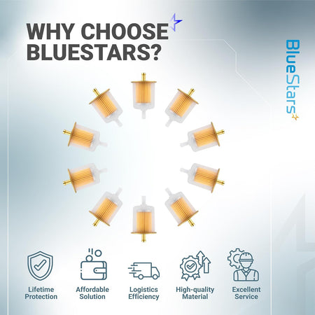 3/8 Universal Inline Fuel Filter (10-Pack) BlueStars graphic showing 10 filters and five product benefits