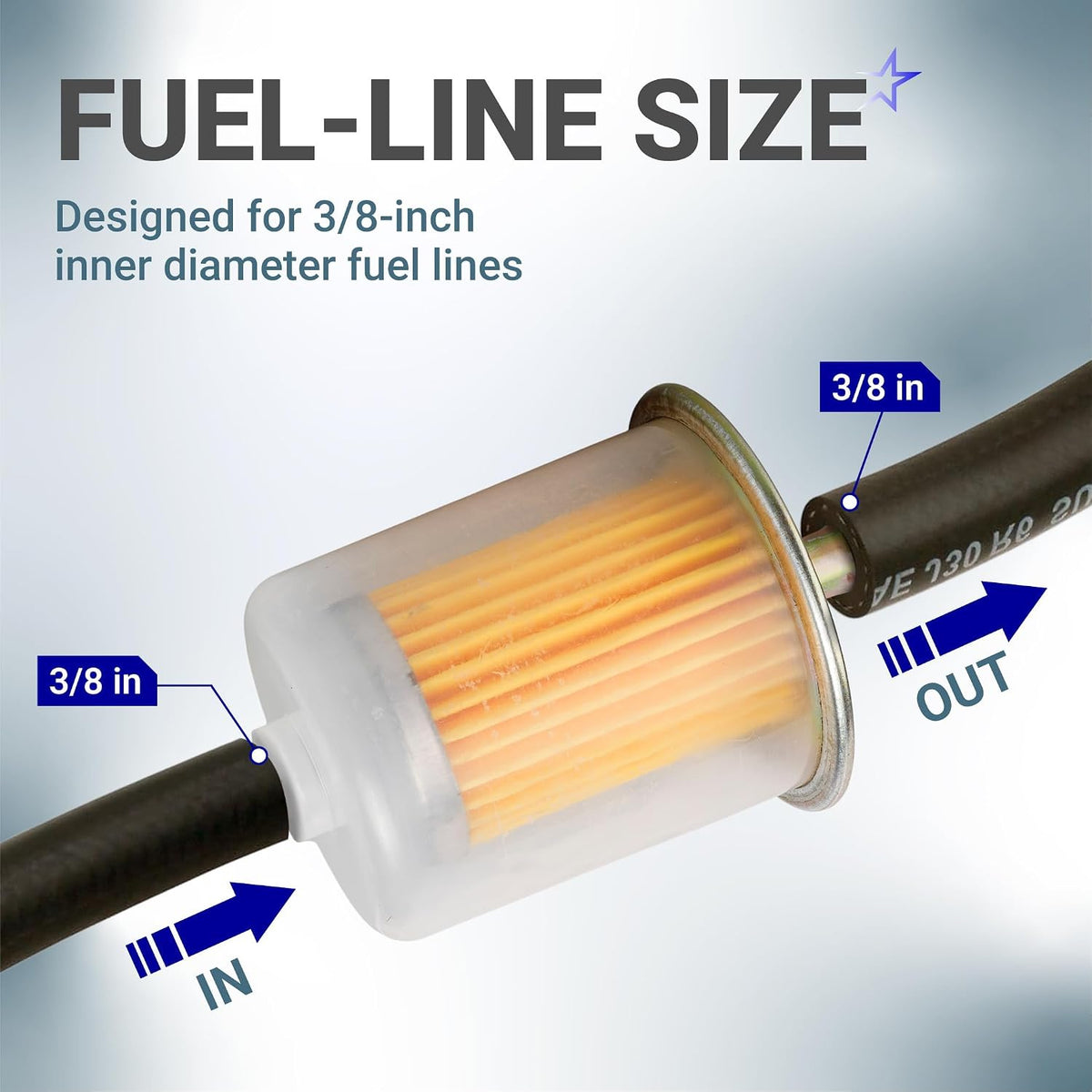3/8" Universal Inline Fuel Filter (10-Pack), size diagram showing 3/8-inch fuel line connections and flow arrows