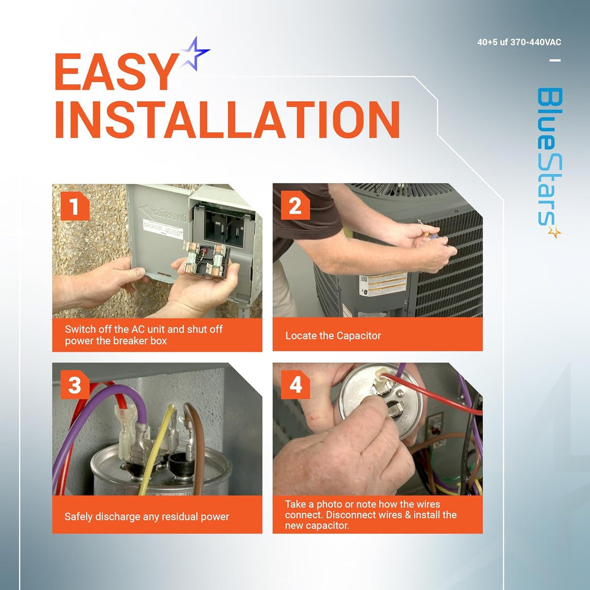 Step-by-step installation guide for 40+5 uF dual run capacitor for air conditioner and heat pump condenser units.