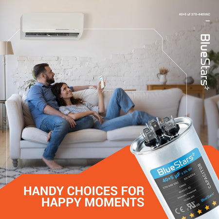 BlueStars 40+5 uF 370/440V round dual run capacitor for air conditioner and heat pump systems.