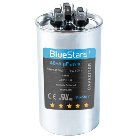 BlueStars 40+5 uF 370/440V round dual run capacitor for air conditioner and heat pump condenser units.