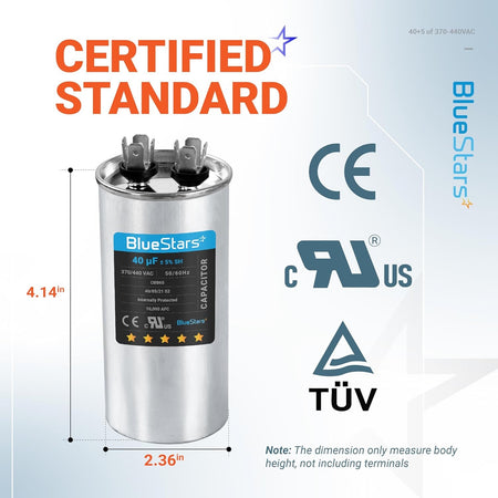 BlueStars 40+5 uF 370/440V round dual run capacitor with 4.14-inch body height and terminal specifications.