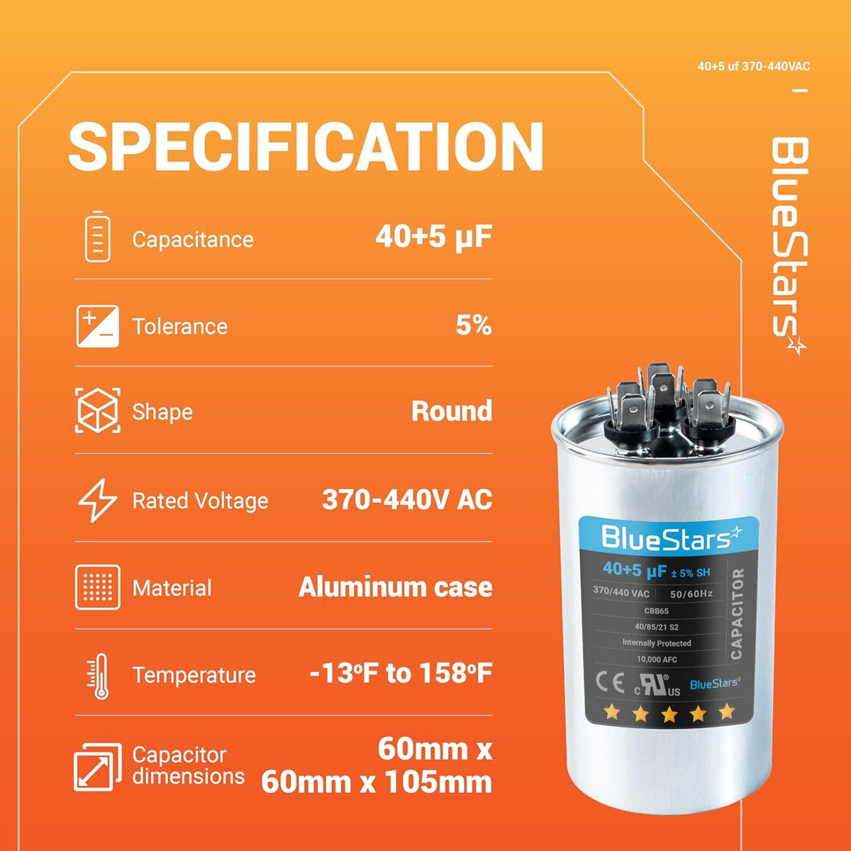 BlueStars 40+5 uF 370-440V round dual run capacitor technical specification chart and product image.