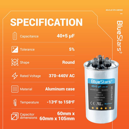 BlueStars 40+5 uF 370-440V round dual run capacitor technical specification chart and product image.
