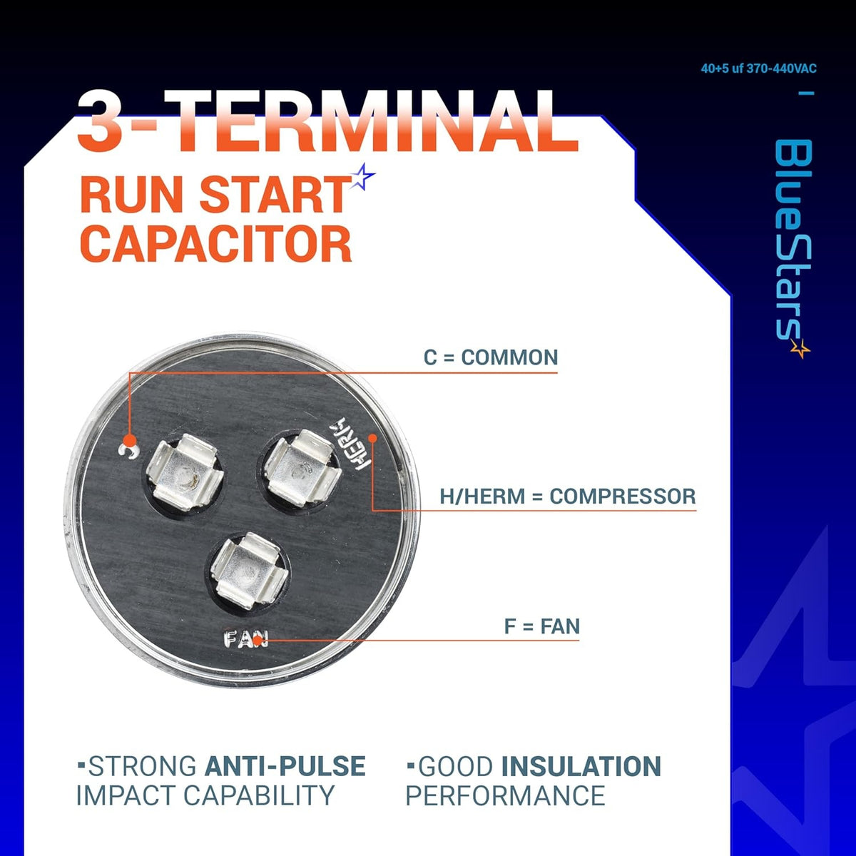Diagram showing 3-terminal layout for 40+5 MFD dual run capacitor with C, HERM, and FAN terminal labels.
