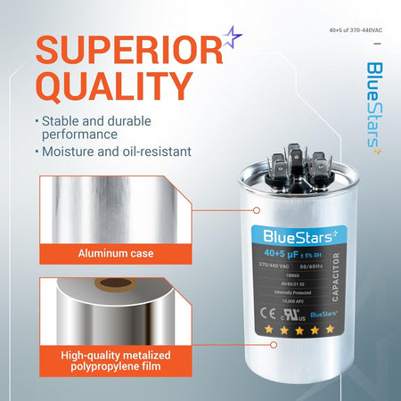 BlueStars 40+5 uF 370/440V dual run capacitor showing aluminum case and metalized polypropylene film construction.