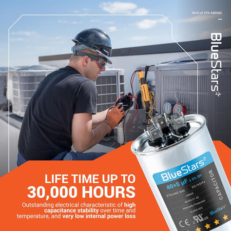 BlueStars 40+5 uF 370/440V dual run capacitor for AC and heat pump condenser with technician performing maintenance.