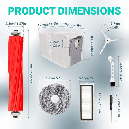 26-Pack Qrevo S Replacement Parts Kit: dimensions diagram with roller, dust bag, side brush, mop pad, filter and brush