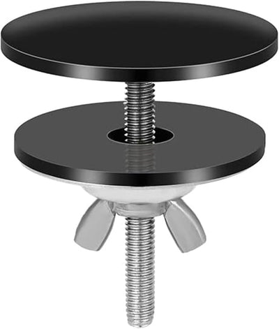 Black 2-inch kitchen sinkhole cover with threaded bolt and wing nut assembly.