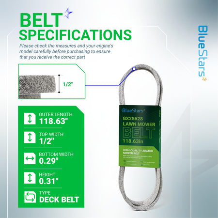 Infographic showing dimensions and specifications for GX25628 mower deck belt, 118.63 inches long and 0.5 inches wide.