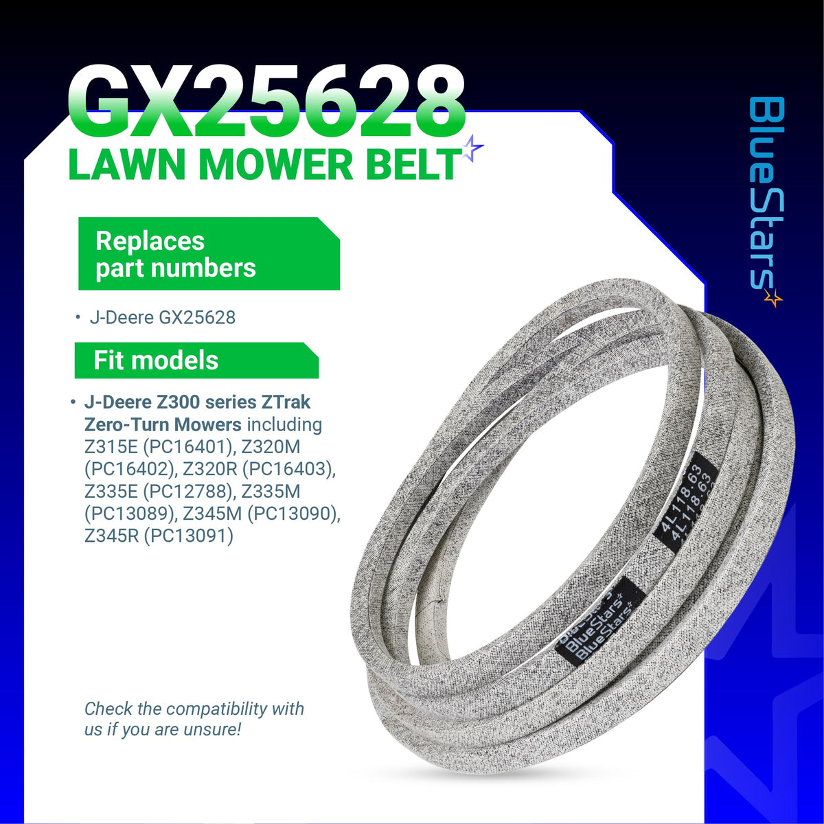 GX25628 replacement mower deck belt for John Deere Z300 series zero-turn mowers with compatibility information.