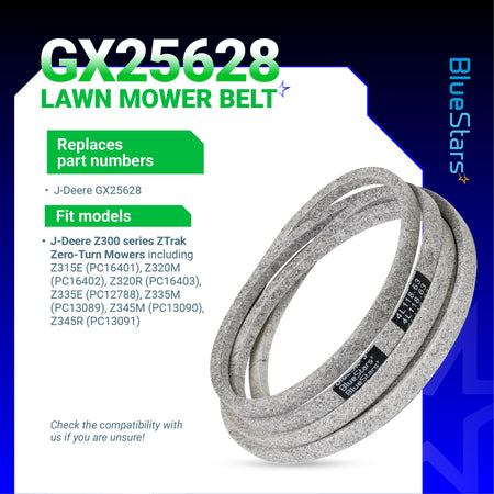 GX25628 replacement mower deck belt for John Deere Z300 series zero-turn mowers with compatibility information.