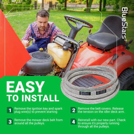 GX25628 replacement mower deck belt with installation instructions for John Deere Z300 series zero-turn mowers.