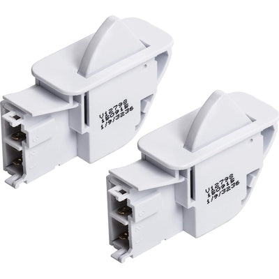 Two white 6600JB1010A refrigerator door push button switches for LG and Kenmore appliances.