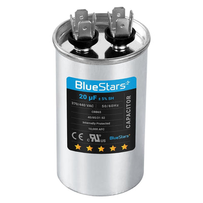 20 uF 370/440 VAC CBB65 round motor run capacitor with dual terminal top view.