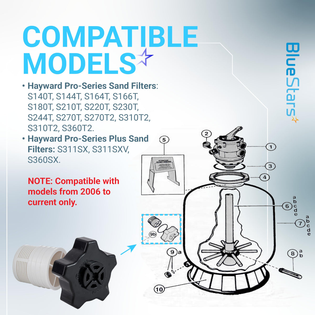 SX180LA pool sand filter drain cap assembly shown with a compatibility diagram for Hayward Pro-Series filter models.